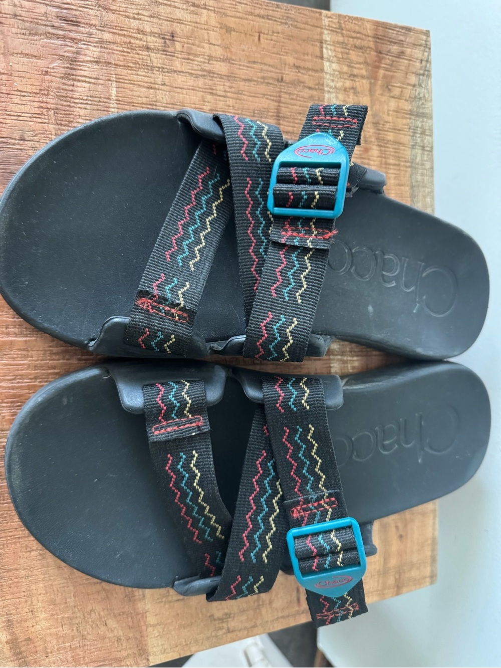 Chaco Kids Black Sandals with Teal Buckles and Multicolor Zigzag Straps